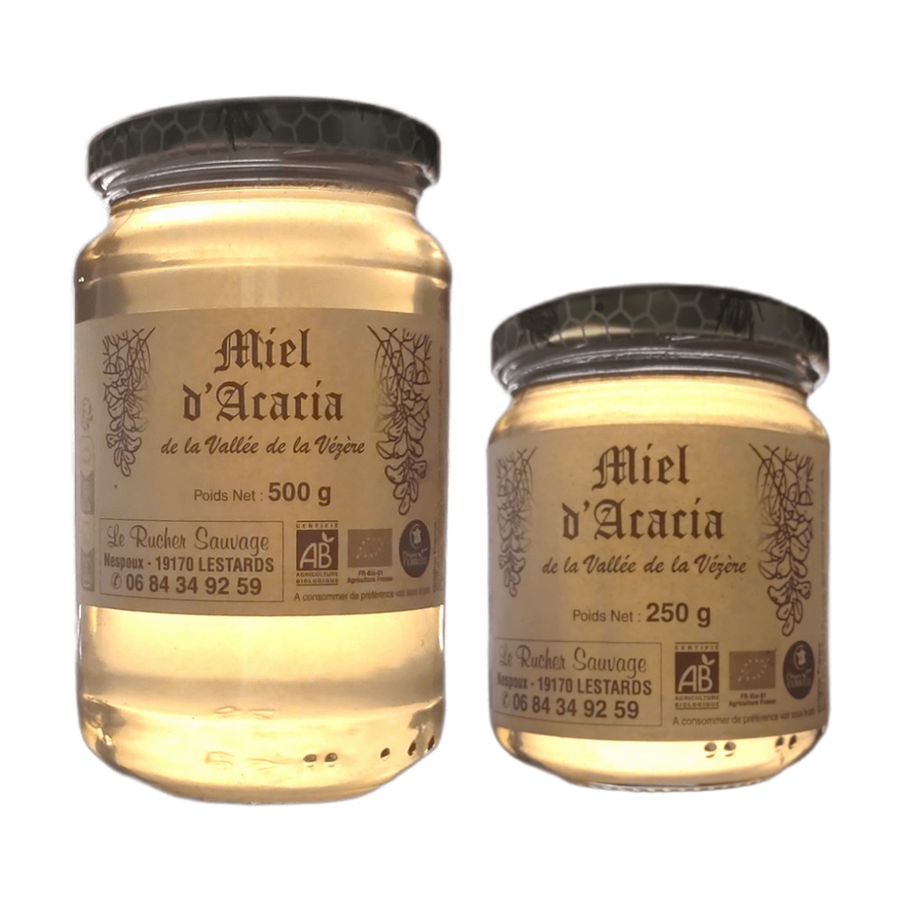 pot de miel acacia bio Corrèze produit et récolté dans la vallée de la Vézère - Limousin, miel artisanal