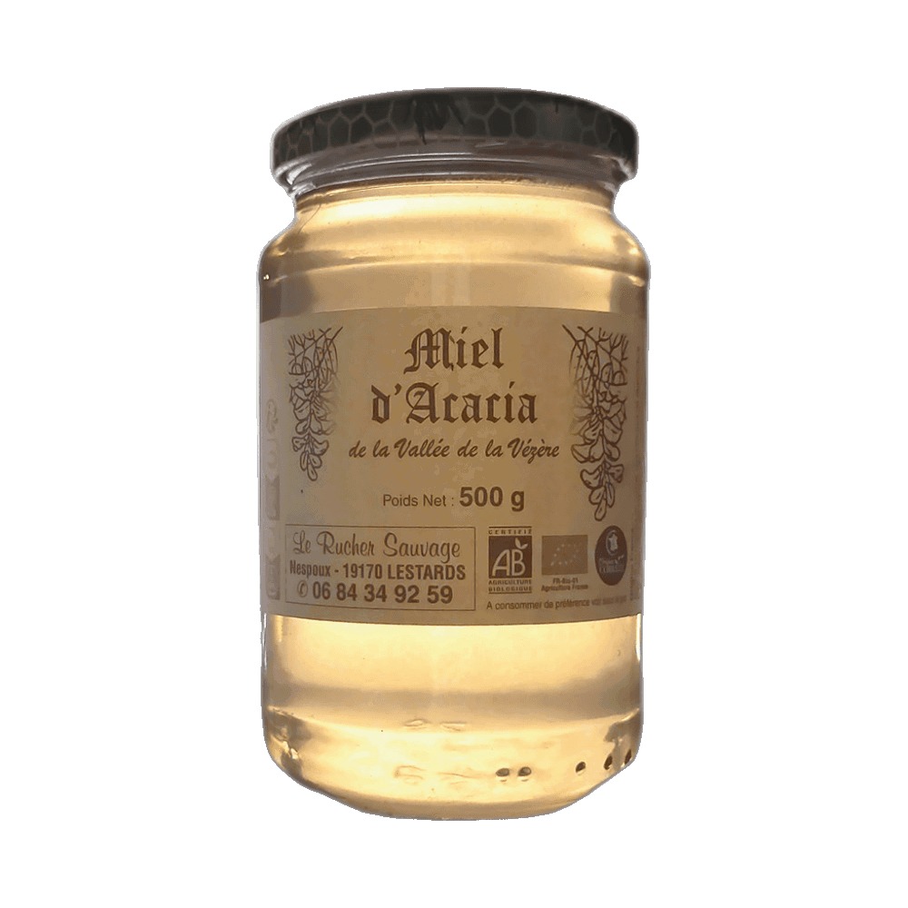 miel-acacia-brut-bio-500g-correze miel acacia bio 500g produit et récolté dans la Vallée de la Vézère en Corrèze - Limousin