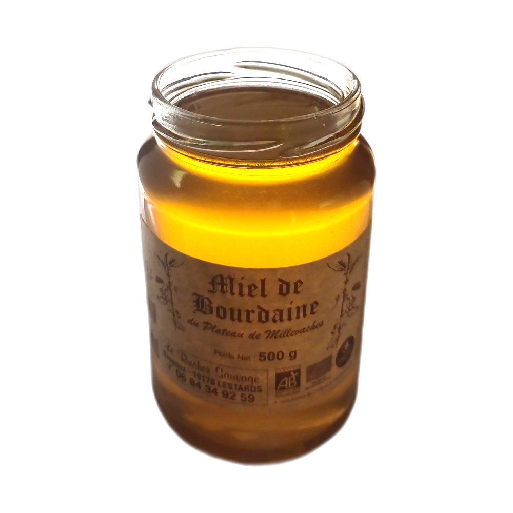 miel-bourdaine-brut-naturel-artisanal-plateau-millevaches-500g pot de miel de bourdaine 500g récolté sur le plateau de Millevaches certifié parc naturel