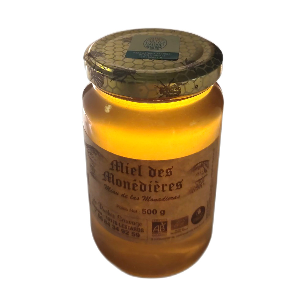 miel-monedieres-artisanal-bio-Correze-Limousin-500g pot de miel des Monédières bio 500g du Limousin Corrèze