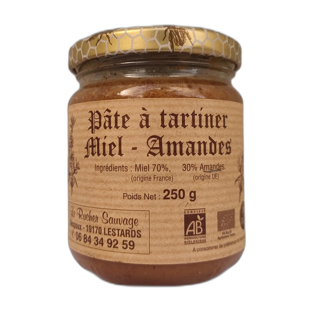 pate-a-tartiner-miel-amandes-bio-250g-le-rucher-sauvage-correze-limousin-millevaches-parc-naturel pot pâte à tartiner miel amande bio 250g 100% artisanale produite en Corrèze - Limousin
