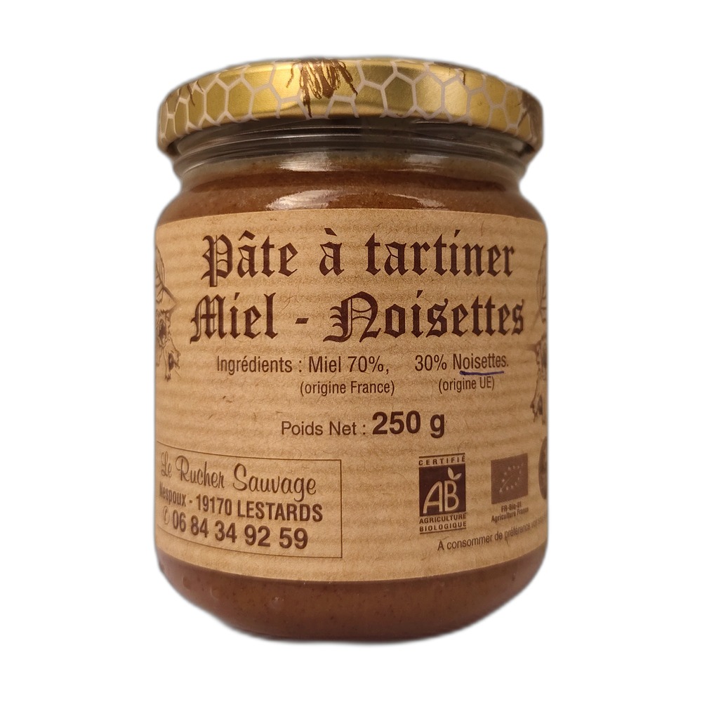 pate-a-tartiner-miel-noisettes-bio-250g-le-rucher-sauvage-correze-limousin-millevaches-parc-naturel pot pâte à tartiner miel noisettes bio 250g 100% artisanale produite en Corrèze - Limousin