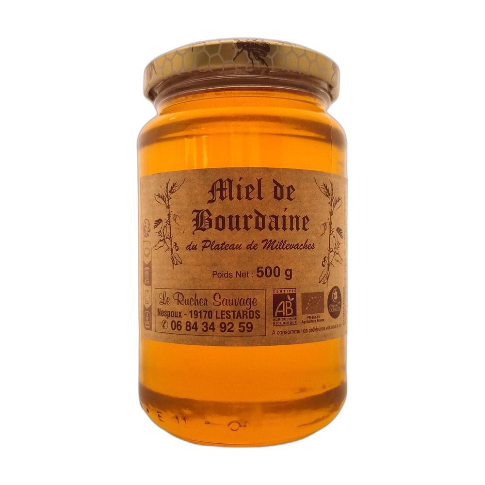 pot-de-miel-bourdaine-bio-500g-plateau-de-millevaches-correze-Limousin pot de miel de bourdaine bio 500g récolté sur le plateau de Millevaches en Corrèze - Limousin miel bio correze