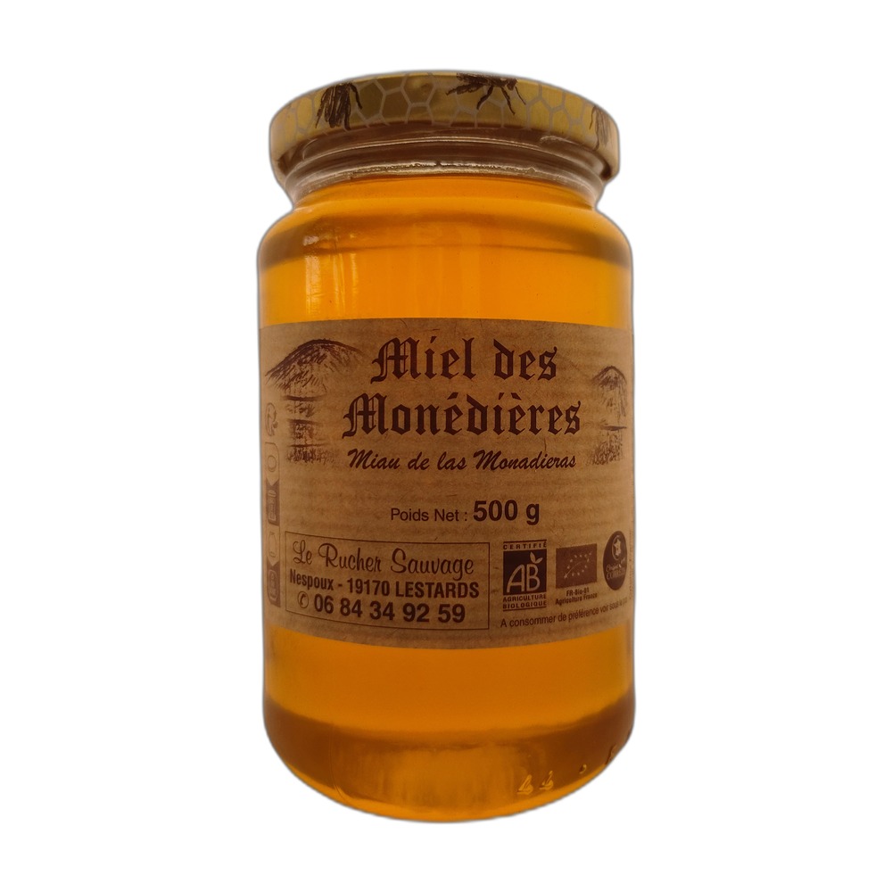 pot-de-miel-montagne-bio-500g-correze-massif-des-monedieres-Limousin-millevaches pot de miel des Monédières bio 500g récolté en Corrèze sur le massif des Monédières