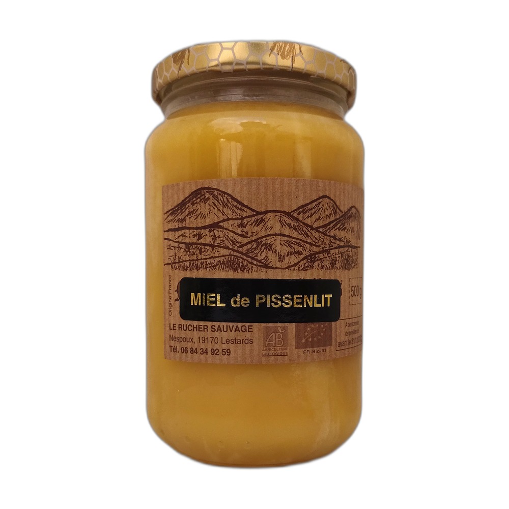pot de miel de pissenlit bio 500g, récolté au printemps dans les prairies sauvages du Limousin