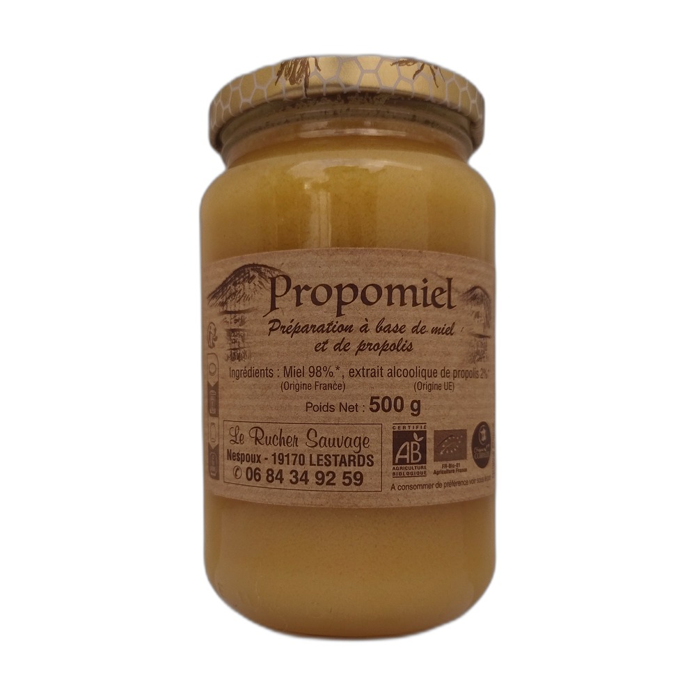 préparation de miel et propolis bio 500g à base miel du plateau de Millevaches en Corrèze Limousin